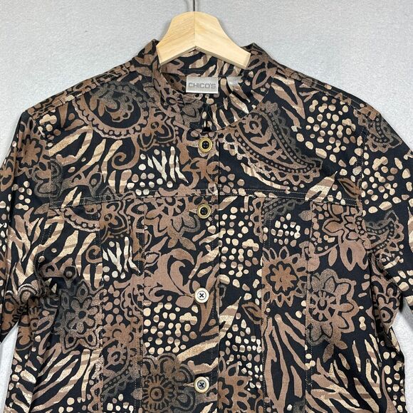 Chicos Blazer Jacket Women Size 1 Medium Floral Cotton Blend Gold Black Metallic - Picture 2 of 12
